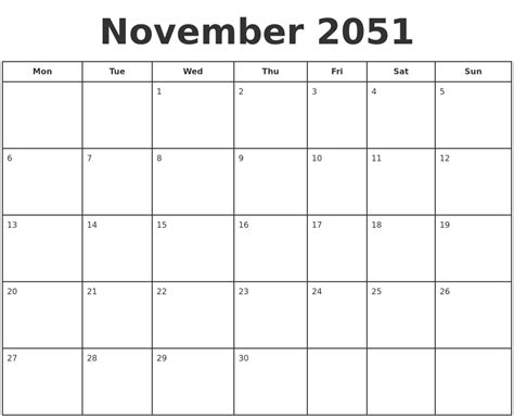 November 2051 Print A Calendar