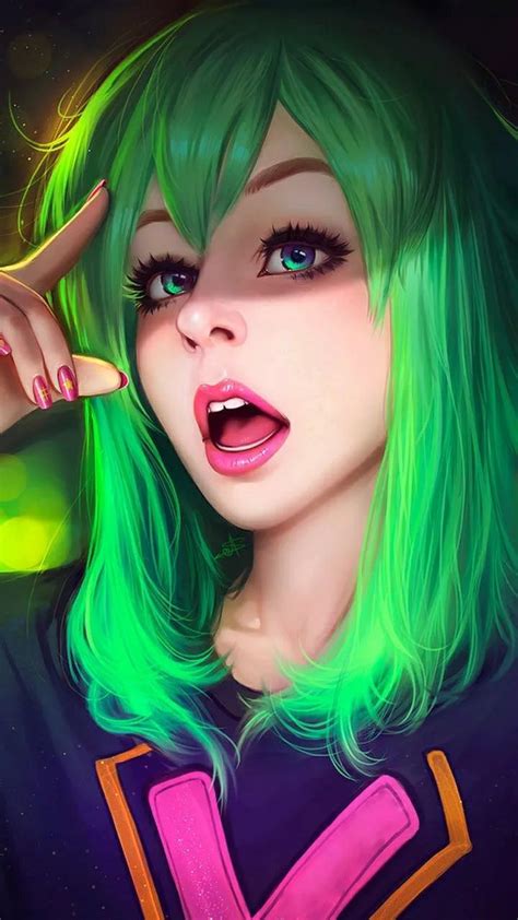 Green Hair Anime Art Girl Digital Portrait Art Digital Art Girl