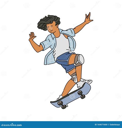 Cartoon Skateboarder Teenager Smiling And Waving While Jumping With A