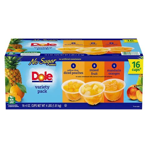 Dole No Sugar Added Mixed Fruit Snack Cups Variety Pack 4 Ounce 16