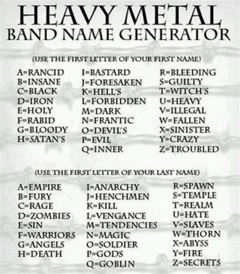 Heavy Metal Band Name Band Name Generator Heavy Metal Bands Funny