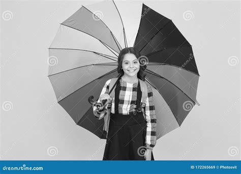 Cheerful Smiling Schoolgirl Rainy Day Fun Happy Walk Under Umbrella