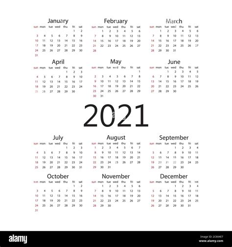 Calendario 2021 La Semana Comienza El Domingo Ilustración Vectorial Diseño Plano Imagen