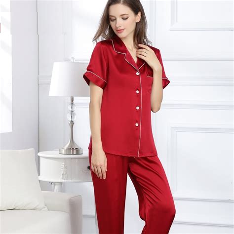 Buy Womens 100 Silk Stain Solid Red Pajamas Sets Summer Spring 2019 Woman