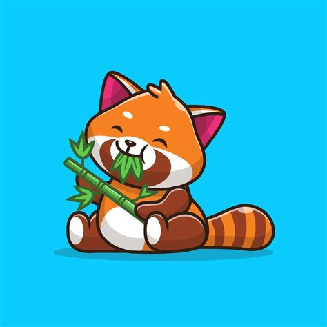Cute Red Panda Eating Bamboo Cartoon Vector Icon Illustration Animal