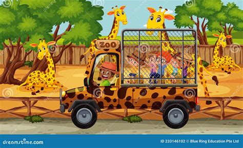 Safari Scene With Many Giraffes And Kids On Tourist Car Stock Vector