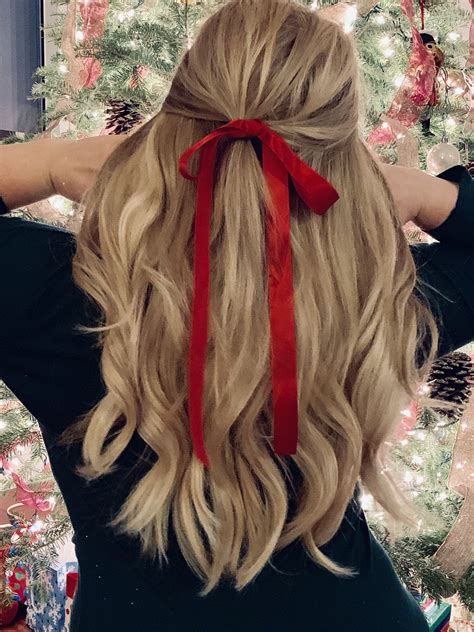 Red Ribbons Are The Perfect Way To Create A Festive Holiday Hairstyle I Am Wearing A Halo Hair