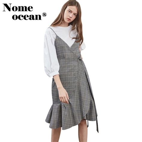 Office Lady Plaid Dresses Spaghetti Strap Low High Sweep Midi Dress