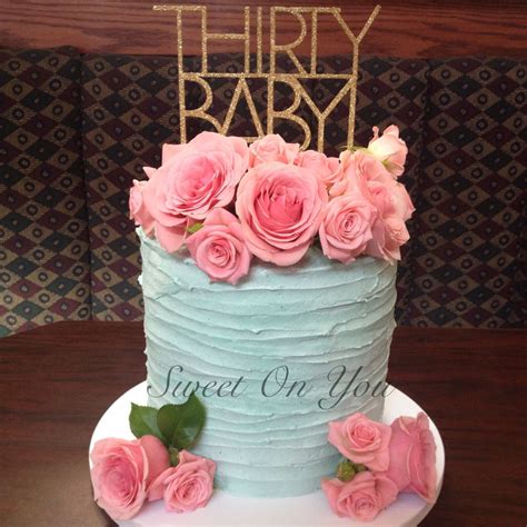 Blue And Pink Buttercream Cake With Fresh Flowers Thirtieth Birthday