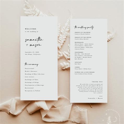 Minimalist Wedding Program Template Printable Order Of Etsy