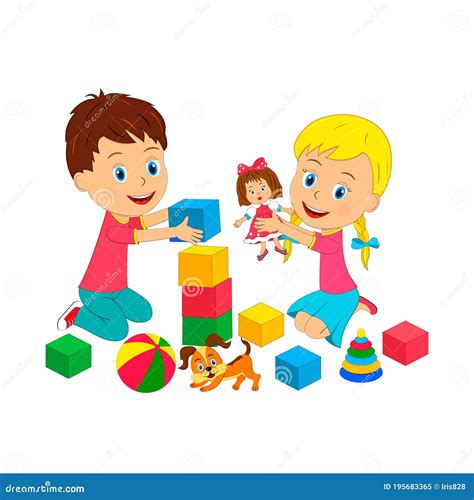 Cartoon Little Kids Play With Toys Stock Vector Illustration Of