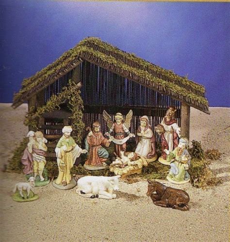 11 Piece Ceramic Nativity Scene Set With Wood Stable New Nativity Sets