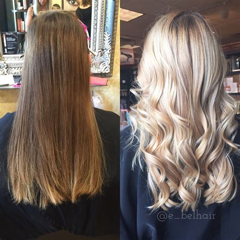 Before And After A Full Head Of Blonde Balayage Warm Blonde Hair Blonde Hair Color Brown