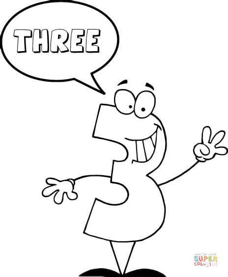 Simple numbers coloring page for children : Number 3 Says THREE coloring page | Free Printable ...