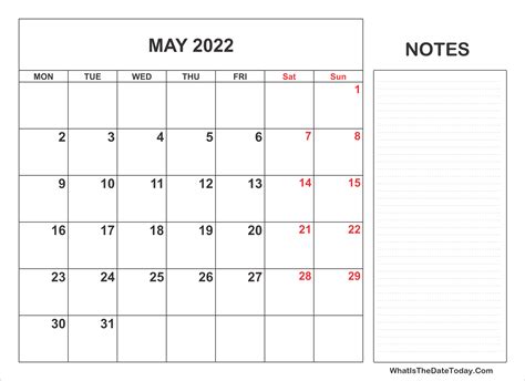 2022 Printable May Calendar With Notes Whatisthedatetodaycom