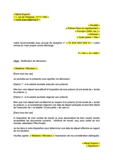 Lettre De Démission Avec Préavis Formats Word PDF