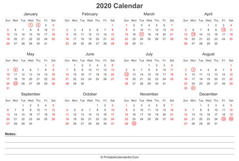 2020 Calendar With Uk Bank Holidays And Notes Landscape Layout