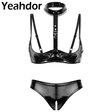 Womens Wet Look Patent Leather Sexy Lingerie Set Open Cup Shelf Bra Top With Crotchless High Cut