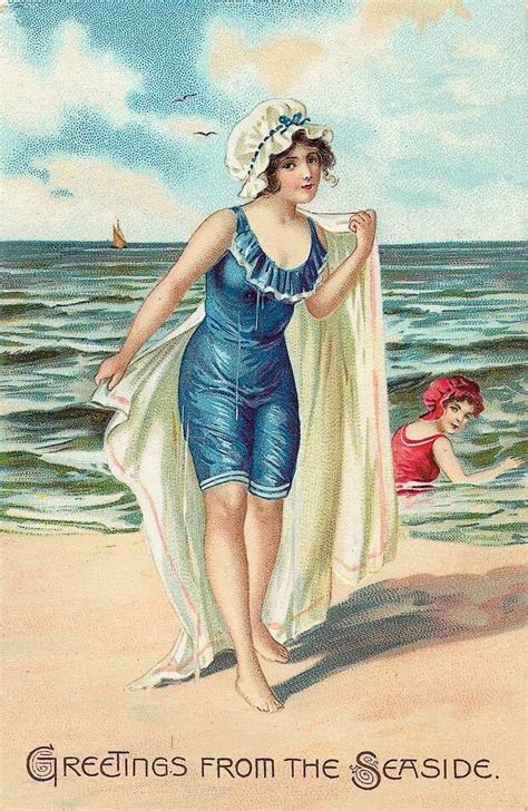 Greetings From The Seaside Vintage Postcard Of Woman At The Beach Vintage Postcards Vintage