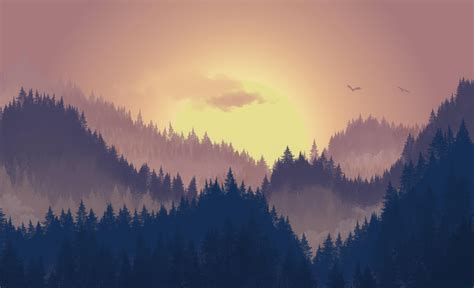 Wallpaper Forest Mountains Fog Sunset Art Hd Widescreen High
