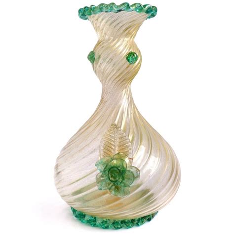 Barovier Toso Murano Green Roses Gold Flecks Italian Art Deco Glass Mid Century Flower Vase