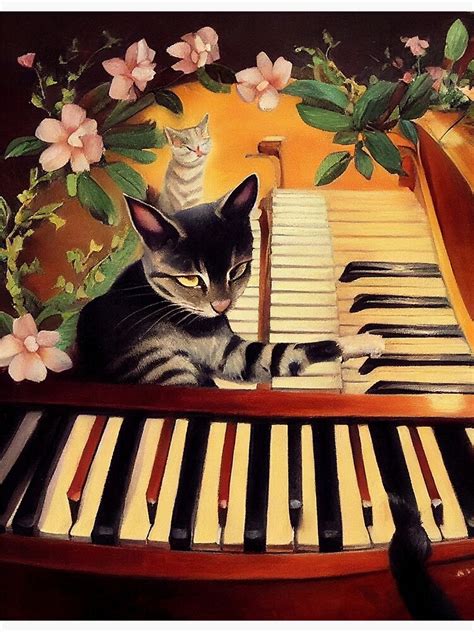 Póster Gato Tocando El Piano Ilustración De Dibujos Animados Lindo