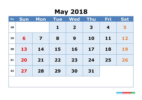 Printable Calendar May 2018 With Week Numbers As Image