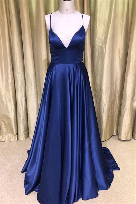 Royal Blue V Neck Backless Satin Long Prom Dresses Royal Blue Formal