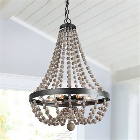 Farmhouse Light Wood Beaded Chandelier Candle Empire Chandeliers