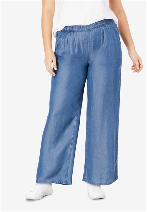 Wide Leg Elastic Waist Denim Pants By Ellos® Plus Size Bootcut And Wide Leg Jeans Woman Within