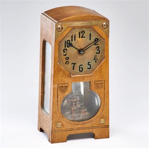 Lot 1042 Secessionist Estimate 600 900 Mantle Clock 20th C Oak Brass Glass Unmarked