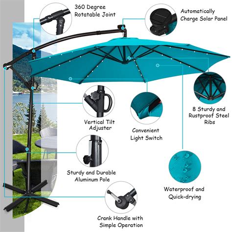 Costway 10ft Patio Offset Umbrella Solar Powered Led 360degree Rotation