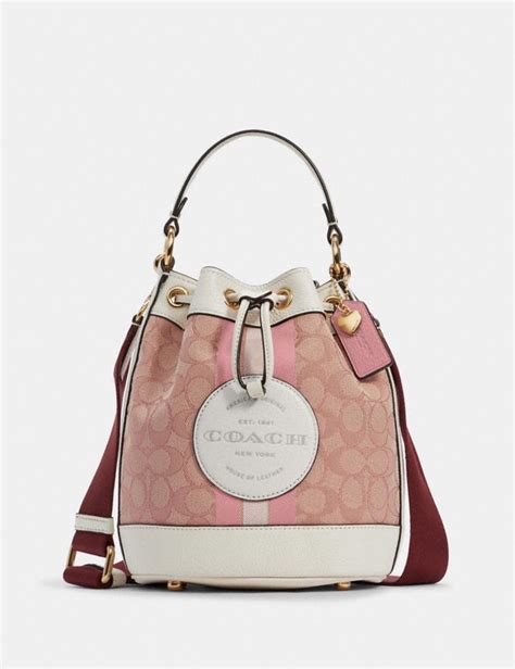 Coach Dempsey Bucket Bag 19 In Signature Jacquard With Patch And Heart