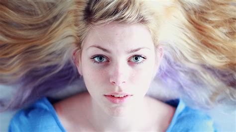 Women Blonde Lying On Back Looking At Viewer Blue Eyes Dyed Hair