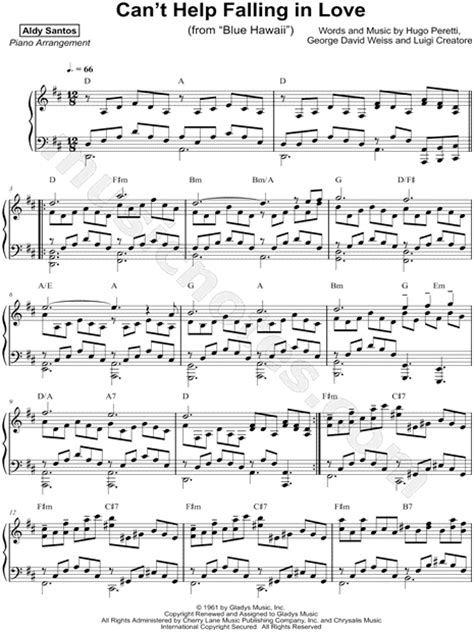 Aldy Santos Cant Help Falling In Love Sheet Music Piano Solo In D