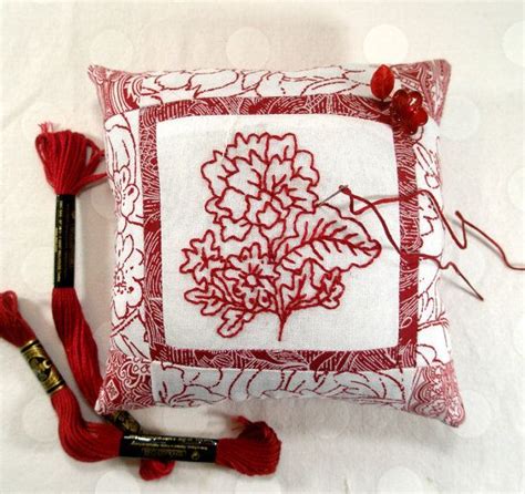 Pincushion Redwork On Patchwork Hand Embroidered With Emery Etsy