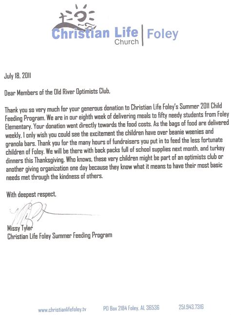 Sending a prompt, personal thank you letter for a donation is essential to maintaining a good reputation as an organization, and to procuring funds in the future. Thank You Letter from Christian Life Church | Letter of ...