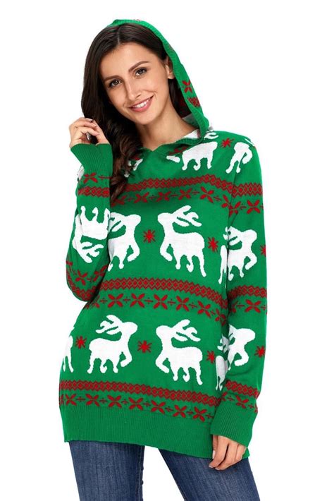 Women Fashion Cute Christmas Reindeer Knit Green Hooded Sweater Bueatyk Modestil Frauen