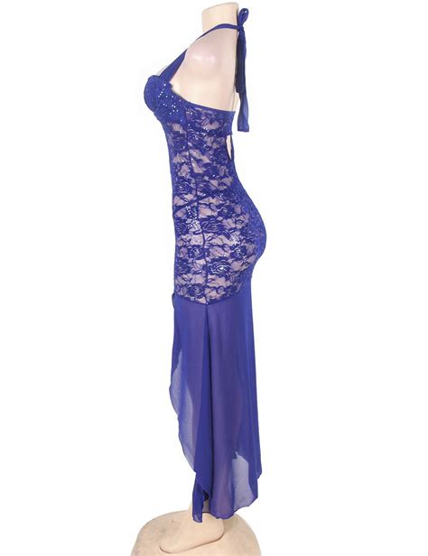 Hot Sale Blue Halter Lace And Mesh Plus Size Babydoll Dress