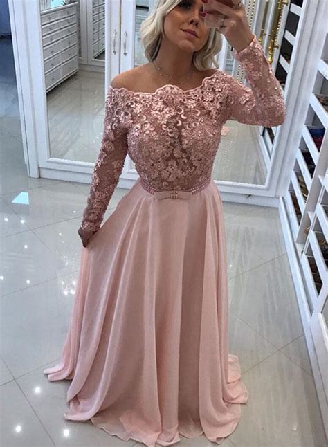 Looking for a long sleeve dress? Pink lace long prom dress, long sleeve evening dress - trendty