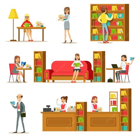 Premium Vector People Taking And Reading Books In Library Set Of