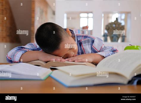 Lazy Stressed Young Little Asian Kid Boy Resting Sleeping On Desk