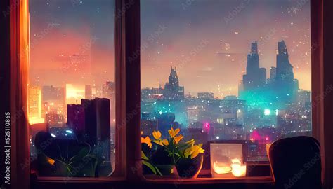 Illustrazione Stock Window View Of A City At Night Lofi Anime Manga