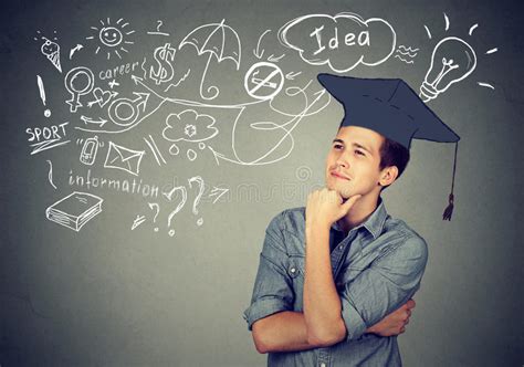 Man With Graduation Thinking About Education Has Many Ideas Stock Photo