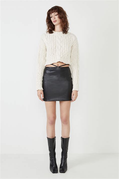 Strappy Vegan Leather Mini Skirt In Black Bardot