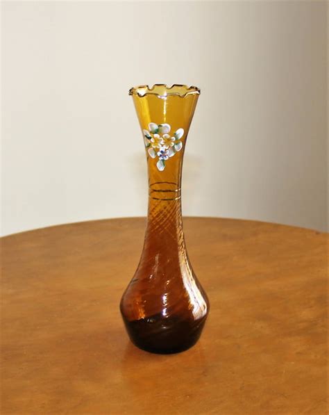 Vintage Amber Glass Bud Vase Swirl Glass With Ruffled Edge Etsy