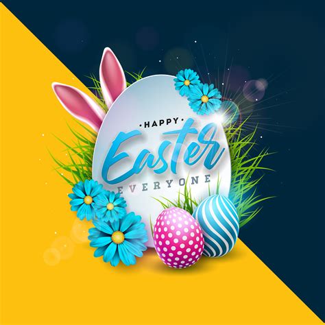 Happy Easter Holiday Design With Painted Egg Rabbit Ears And Spring