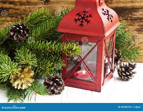 Christmas Lantern With Fir Tree Branches And Decorations Stock Image