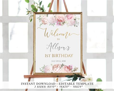 Birthday Welcome Sign Printable Editable Corjl Template Romantic Blush Floral Gold