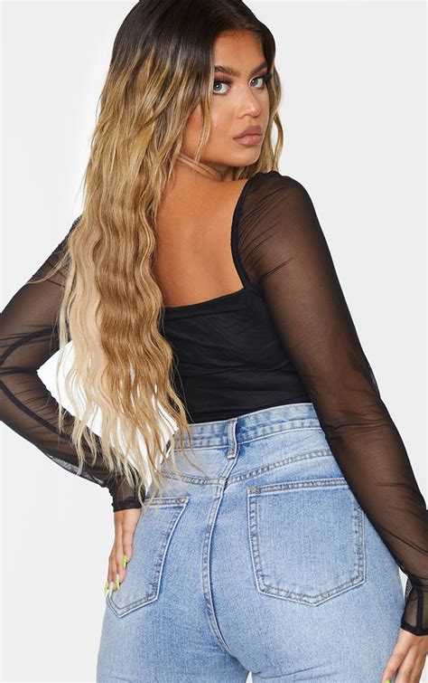 Black Sheer Mesh Structured Crop Top Tops Prettylittlething Ca